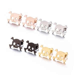 Skull stud earrings set in gold, silver, black, and rose gold stainless steel for women
