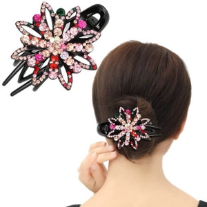 Close-up of floral rhinestone duckbill hair clip with double-layer crystal petals