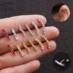 Detailed set of zircon inlaid geometric cartilage earrings with screw ball backs