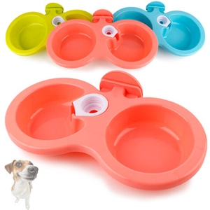 Detail of multi-color plastic double pet bowls with cage hanging hooks and screw bottle mounts