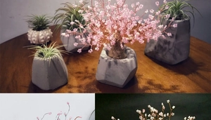 Detailed views of handmade copper wire beaded trees in pink and white cement pots