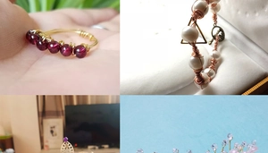 Collage showing various handmade jewelry woven with gold craft wire and gemstones