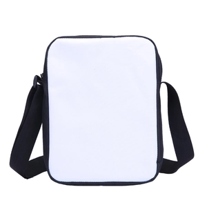 Detailed view of blank white area on black and white messenger bag for custom printing