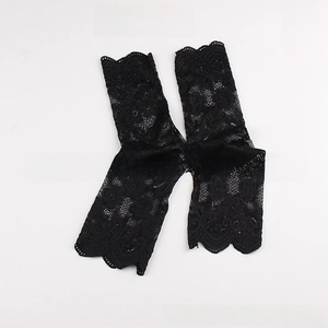 Detail of black ice silk lace sleeves showing elastic texture and wavy scalloped edges