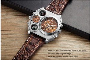 Detail of Oulm dual time zone watch featuring a large dial with compass and thermometer