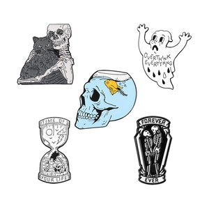 5-piece gothic enamel pin set with skull hug cat, hourglass, and ghost designs