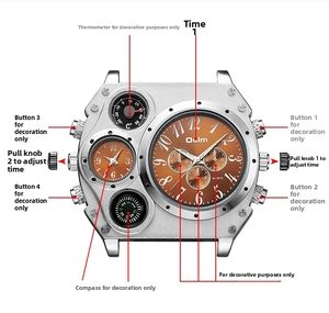 Detail of Oulm dual time zone watch showing functional crowns and decorative compass