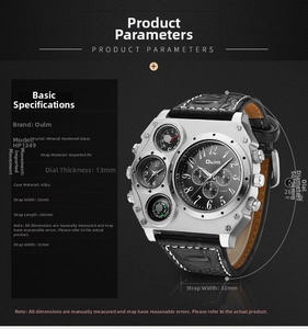 Detailed technical specifications for Oulm dual time zone large dial men's leather watch