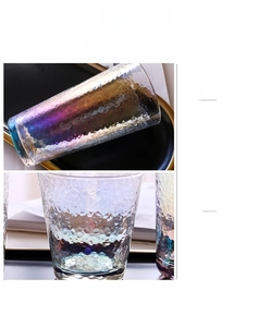 Detailed macro view of the colorful hammered texture on this lead-free rainbow glass cup