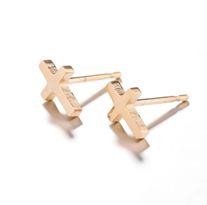 Punk style cross stud earrings in brushed warm gold finish for women and men