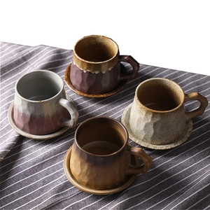 Japanese Retro Ceramic Coffee Cup And Saucer Handmade Textured Wabi Sabi Style Afternoon Tea Mug Vintage Refined Elegant