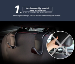 Detail of hidden black car seat hook installed on headrest pole without disassembly
