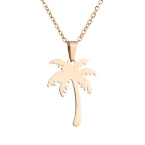 Detailed view of a golden stainless steel coconut tree pendant on a classic O-link chain
