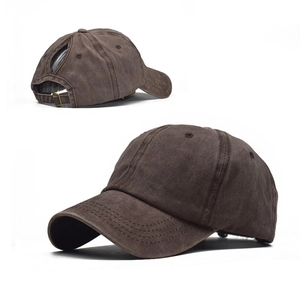Detail of washed cotton ponytail baseball cap with metal buckle and back opening