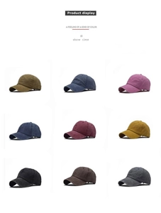 Detail of multi-color washed cotton baseball hats in a professional grid layout display