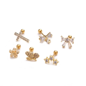 6-piece gold stainless steel stud set with zircon butterfly and cross screw back designs