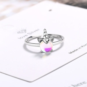 Minimalist S925 sterling silver unicorn open ring with iridescent opal stone