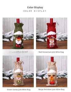 Detail of Christmas wine bottle covers featuring Santa, snowman, and reindeer in burlap