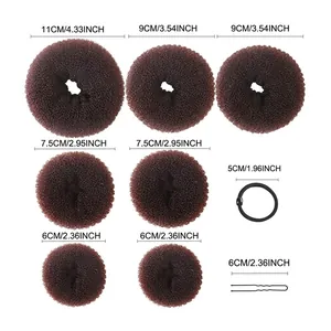 7-piece donut hair bun maker set with various sizes and styling accessories for women