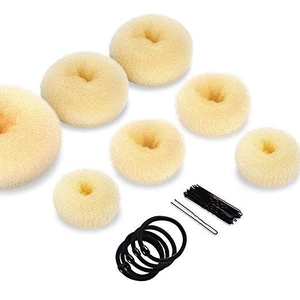 7-piece beige hair donut bun maker set with black U-pins and elastic hair ties