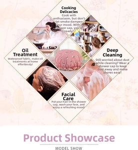 Waterproof shower cap with unicorn print shown in use for hair care and cleaning