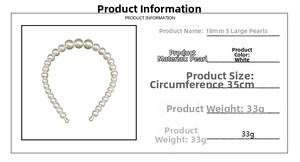Detail of 18mm large faux pearls on a 35cm white bridal headband with product specifications