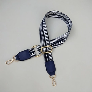 Adjustable navy and white striped wide nylon shoulder strap with gold lobster clasps