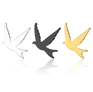Three minimalist metal swallow bird studs shown in gold, silver, and black finishes