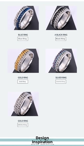 Detail of five colored stainless steel rings featuring rotatable double-row chains