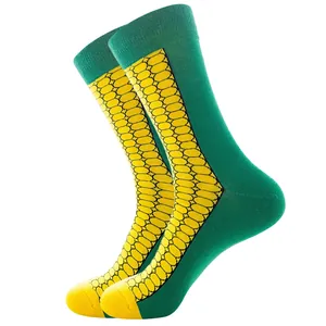 Creative corn pattern crew socks in green and yellow contrast colors with ribbed cuffs