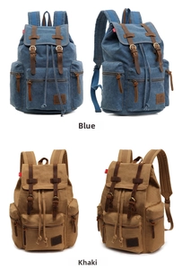 Front and side view of vintage canvas backpacks in blue and khaki with leather straps