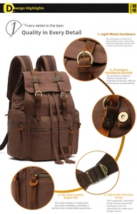 Detail shots of canvas backpack showing leather handles and metal hardware adjustments