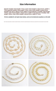Detailed size chart for pearl dress belts showing lengths and width specifications