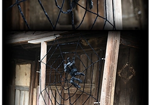 Detail of a large black fuzzy spider on a triangular web for Halloween party decoration