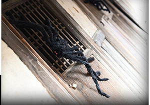 Giant black furry spider prop with red eyes on a rustic wooden window for Halloween decor