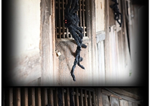 Creepy giant black plush spiders with glowing red eyes on an old wooden door decoration