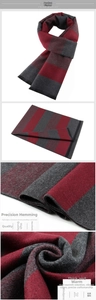 Close-up of thick knitted red and dark grey striped scarf with short tassel edges