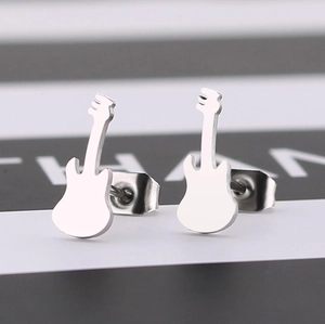 Minimalist guitar shaped stainless steel stud earrings with matte silver metallic finish