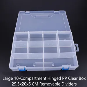 Detail view of 10-compartment clear plastic jewelry box with blue latches and handle