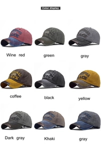 Color display of nine washed cotton baseball caps with original black 3D embroidery