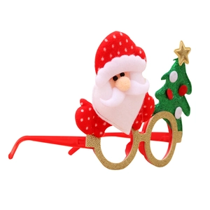 Christmas party glasses with Santa Claus and tree motifs in red, gold, and green finish