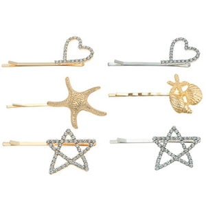 Set of 6 gold and silver metal hair clips with rhinestones, hearts, stars and sea shapes