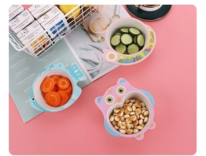 Eco-friendly bamboo fiber bowls for kids featuring cute snail, fish, and owl animal shapes