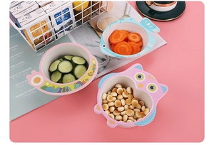 Eco-friendly bamboo fiber bowls for kids featuring owl, fish, and flower cartoon shapes