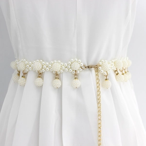 Elegant white pearl waist chain with gold metal links and floral charms for women's dresses