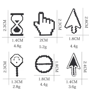 Size chart for 6 pixel art computer cursor enamel pins featuring icons like arrow and hand