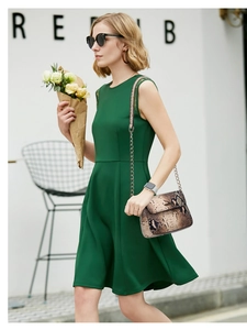 Detail of a green sleeveless A-line dress paired with a stylish snakeskin chain bag