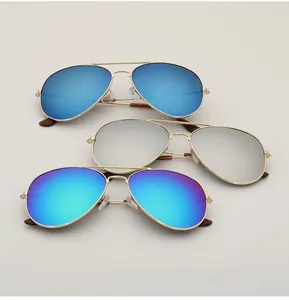 Three classic aviator sunglasses with gold metal frames and vibrant colorful mirrored lenses
