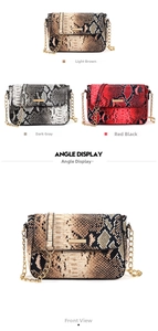 Detail of snake pattern crossbody bags with gold metal clasps and chain straps