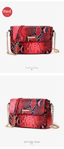 Detail of red snake pattern shoulder bag with gold metal buckle and chain strap